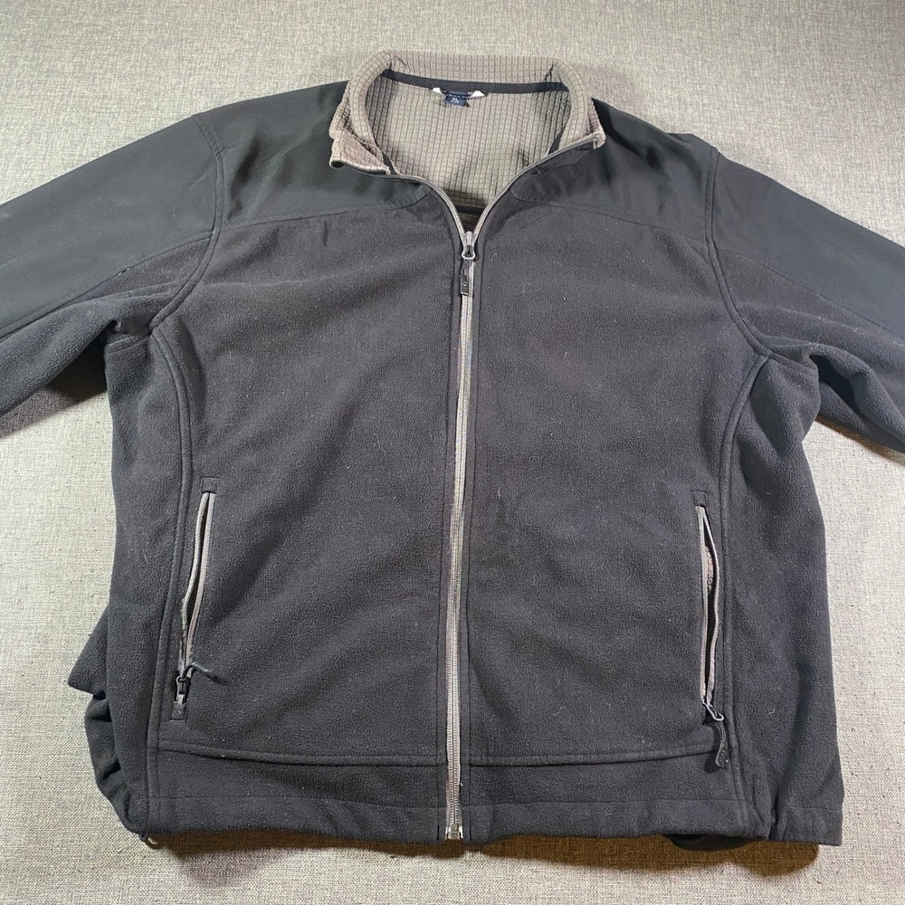 Lands' End Mens XL Fleece Jacket Full Zip Windcheck Black Gray Layering Top